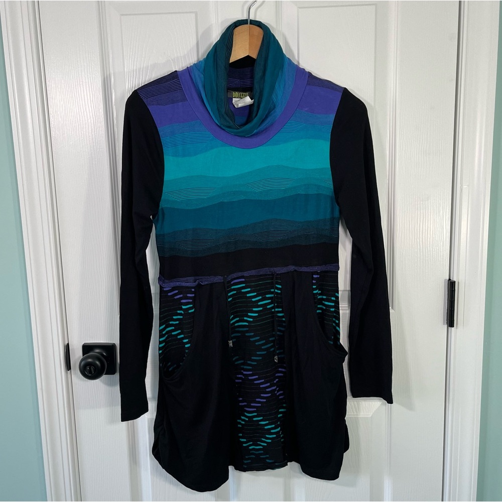 Dolcezza knit dress size medium long sleeve cowl neck drawstring pockets